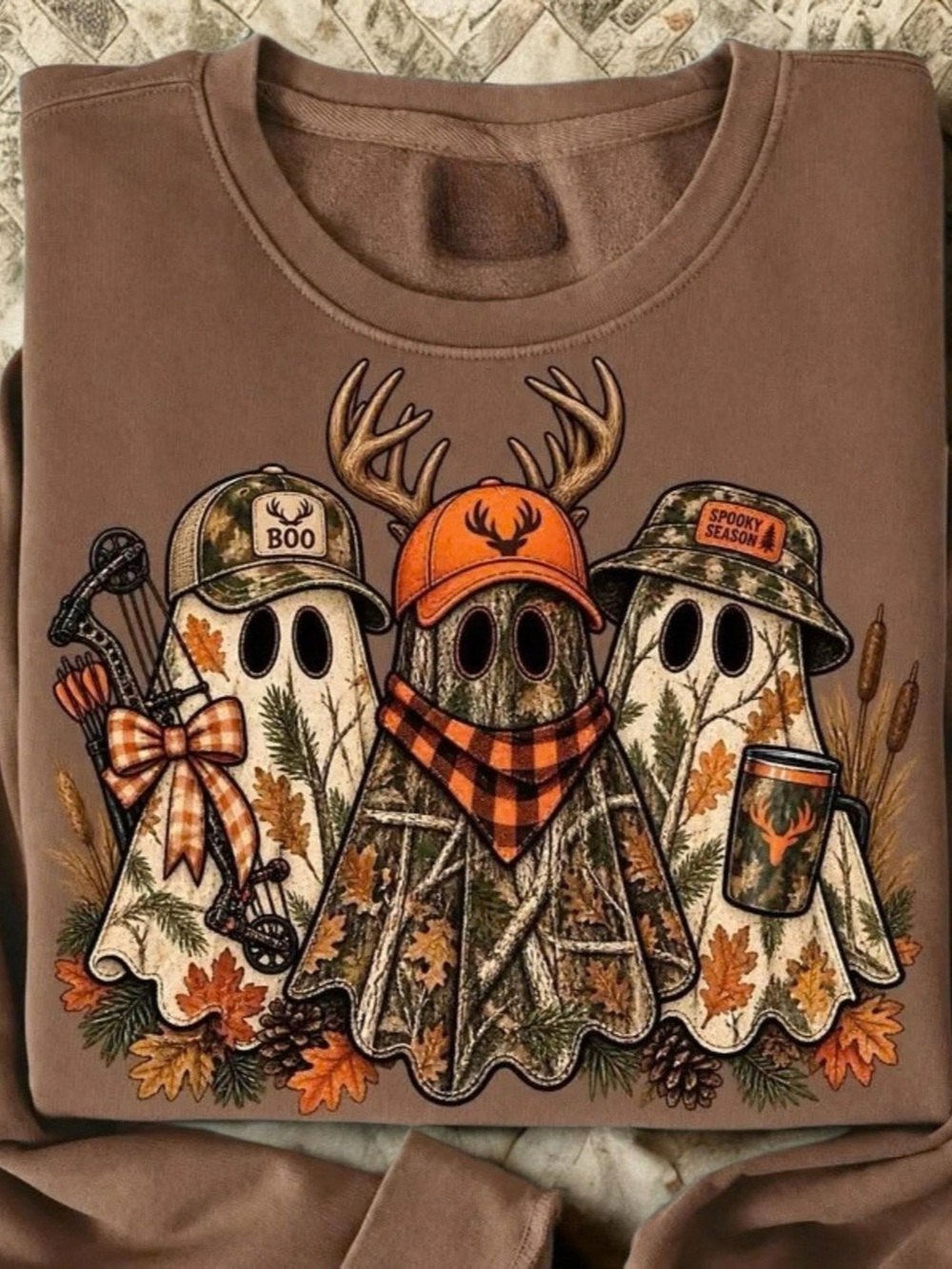 Retro Ghost Hunting Halloween Sweatshirt with Camo Graphic